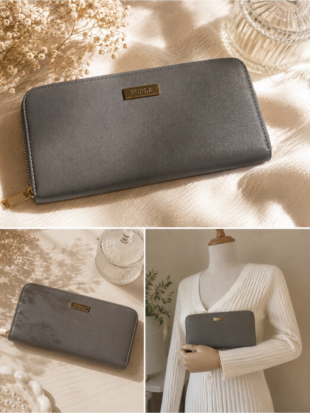 Furla Gray Zip Around Wallet Gold Tone Hardware Saffiano Leather Like New